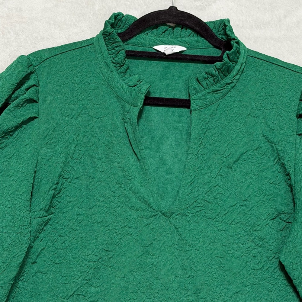 Crown & Ivy Blouse Women L Green Ruffle Neck Textured Puff Sleeve Top - Picture 4 of 11